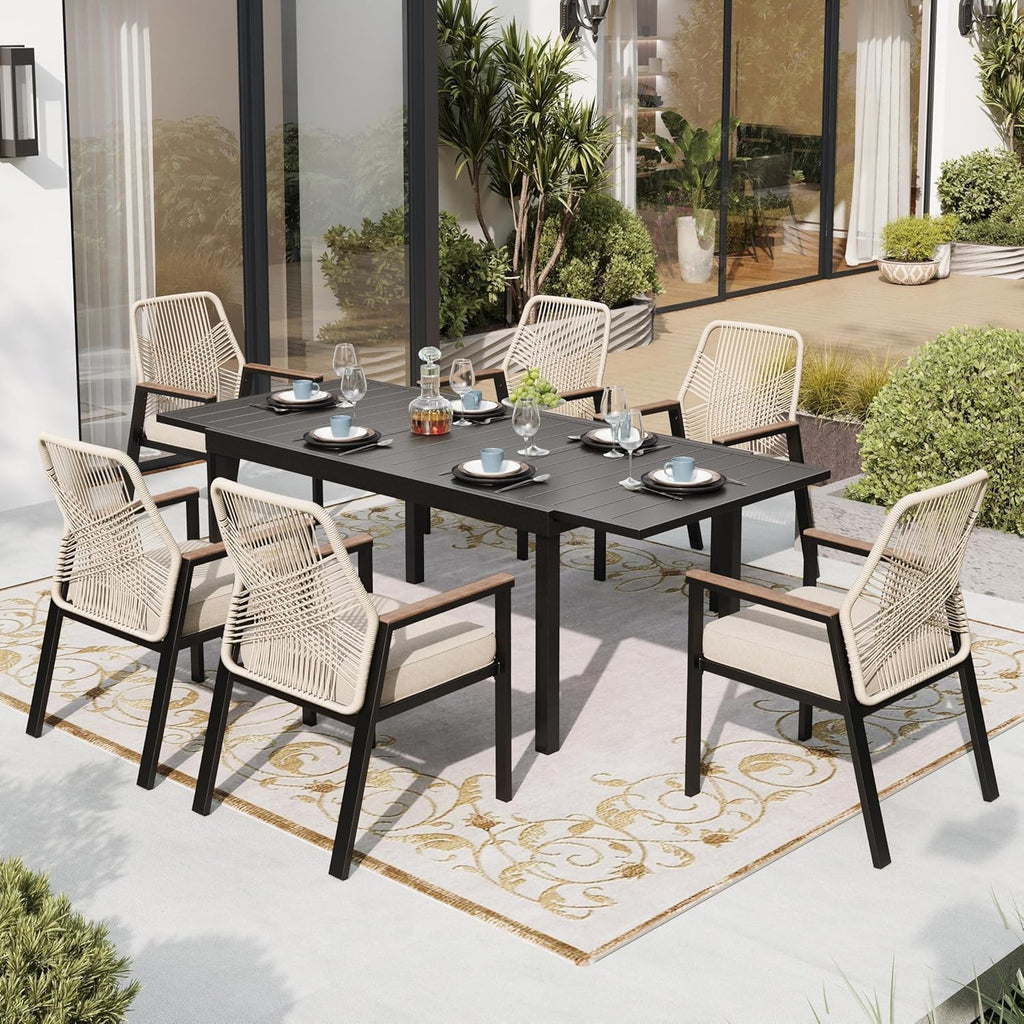 SUNSHINE VALLEY Patio Dining Chairs Set of 8, Heavy-Duty Woven Rope Outdoor Chairs with Waterproof Cushion and Wrought Iron Frame, All-Weather Outside Seating for Kitchen Garden Deck Backyard