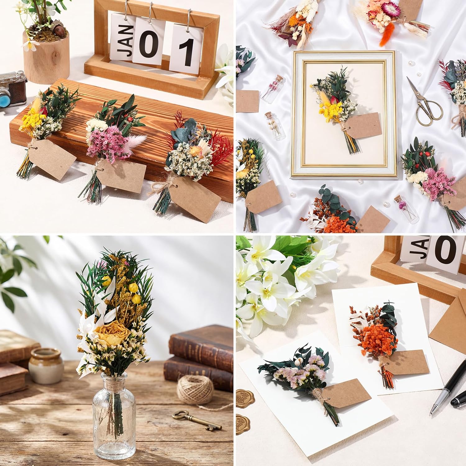 8 Pack Dried Flower Mini Bouquets Arrangement Bridesmaid Gift Natural Flower with Tags for DIY, Wedding, Birthday Decor Party Favors