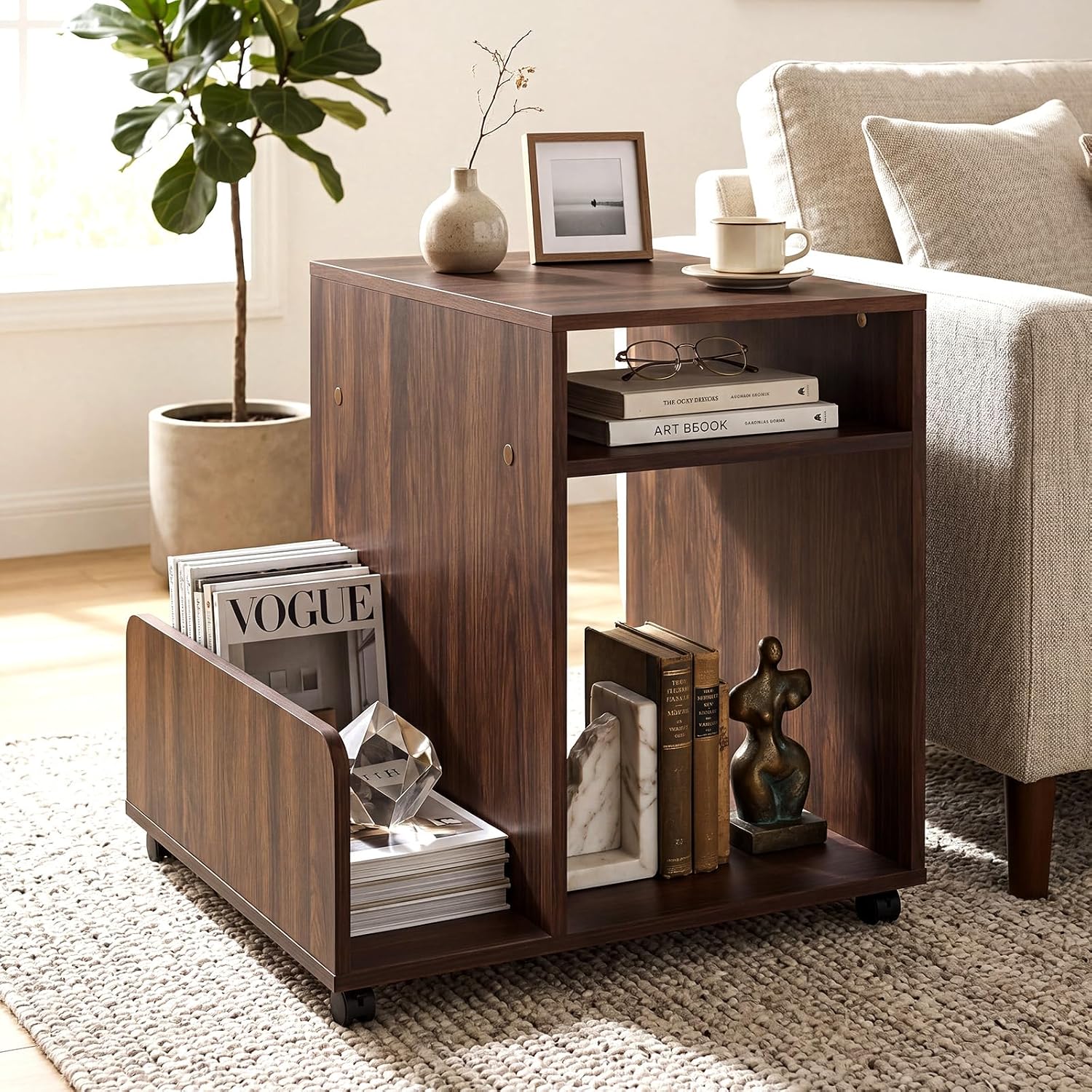 Giantex Rolling End Table with Storage, 3-Tier Mobile Sofa Couch Side Table w/Magazine Rack & Open Storage Shelves & Lockable Wheels, Farmhouse Night Stand for Bedroom Living Room, Espresso
