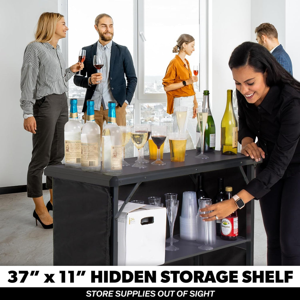 GoBar Portable Bar Table for Events - Black, 3 Skirts, or LED - Pop Up Mobile Bartending Station with Travel Carrying Case