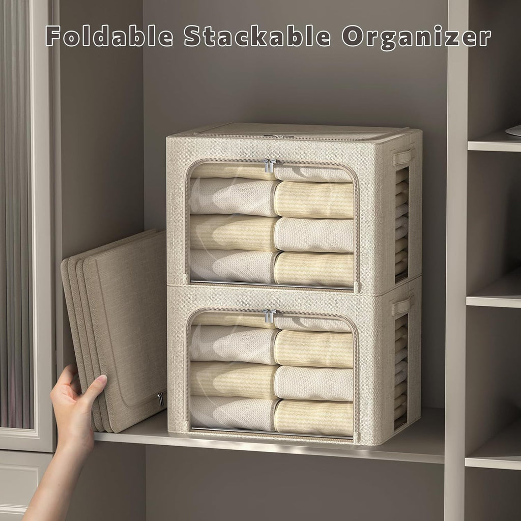 FHSQX 6 Pack Clothes Storage Bins with Metal Frame- Foldable Storage Bins for Clothes Linen Fabric Storage Box with Opening Clear Window (Beige, 16.5x12.2x12.2inch(40L))