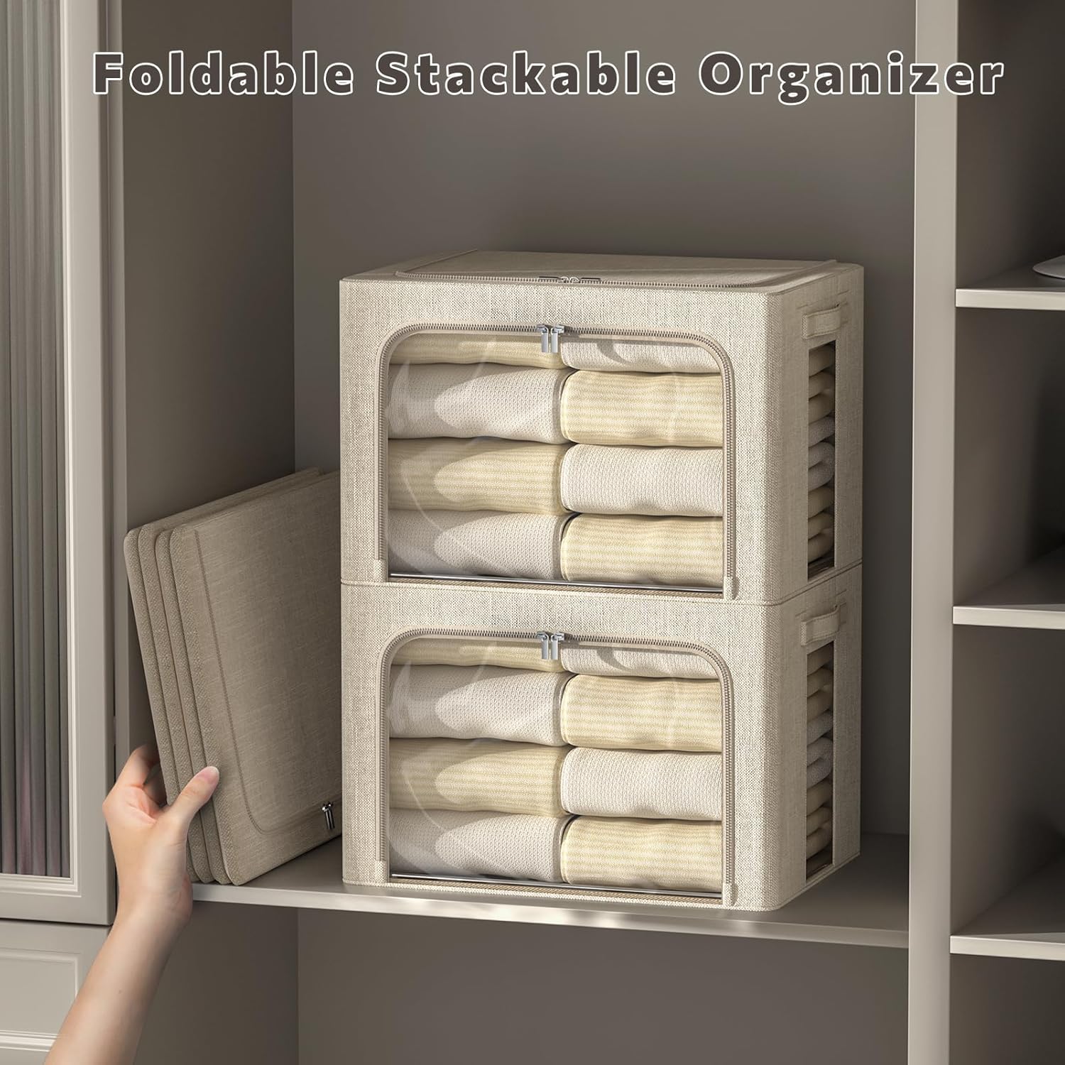 FHSQX 6 Pack Clothes Storage Bins with Metal Frame- Foldable Storage Bins for Clothes Linen Fabric Storage Box with Opening Clear Window (Beige, 16.5x12.2x12.2inch(40L))