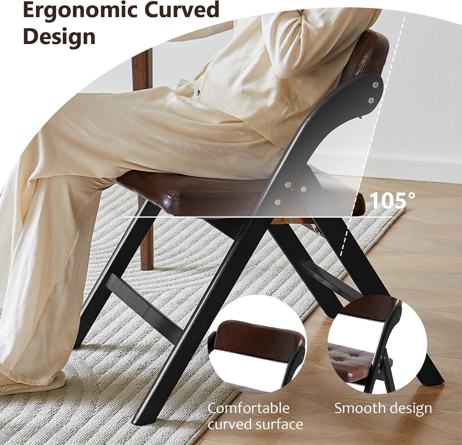 Wooden Folding Chairs Set of 2, Modern Folding Chairs with Padded Seats, Folding Dining Chairs, Padded Folding Chair for Party Chairs, Weddings, BlackBrown