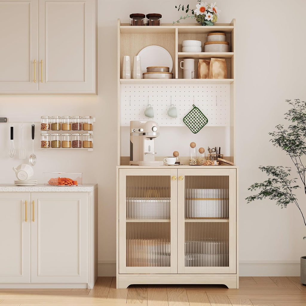 Kitchen Pantry Cabinet,71 Inch Freestanding Cupboard with 7 Storage Blocks & DIY Pegboard & 2 Glass Doors & Adjustable Shelves,Storage Cabinet for Kitchen Dining Room,Hallway(Natural)