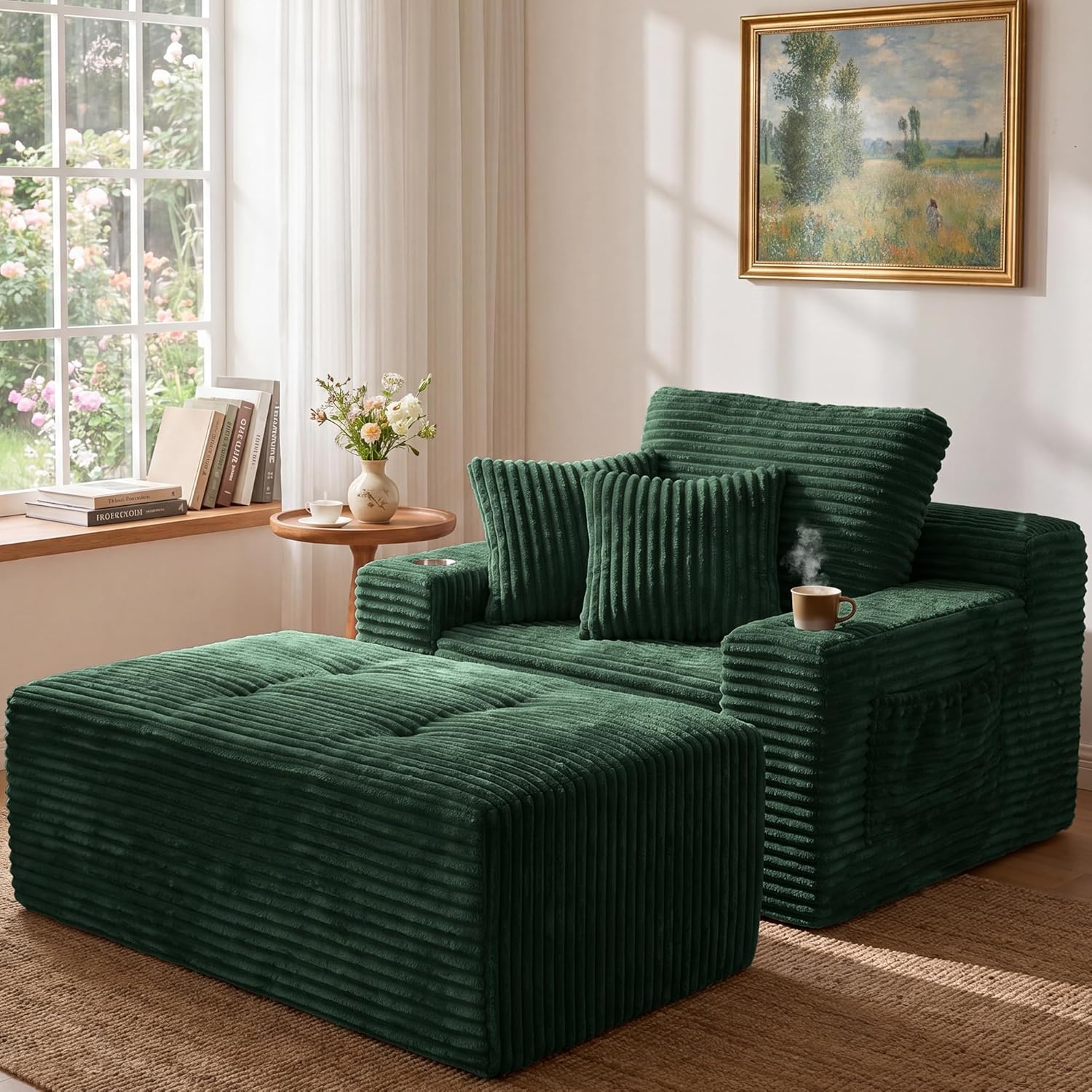 66’’ Oversized Chaise Lounge Chair Indoor, Deep Seat Corduroy Reading Chair Snuggler with Ottoman, Boneless Floor Couch with Cup Holders & Side Pockets, Floor Sleeper Sofa for Home,Dark Green