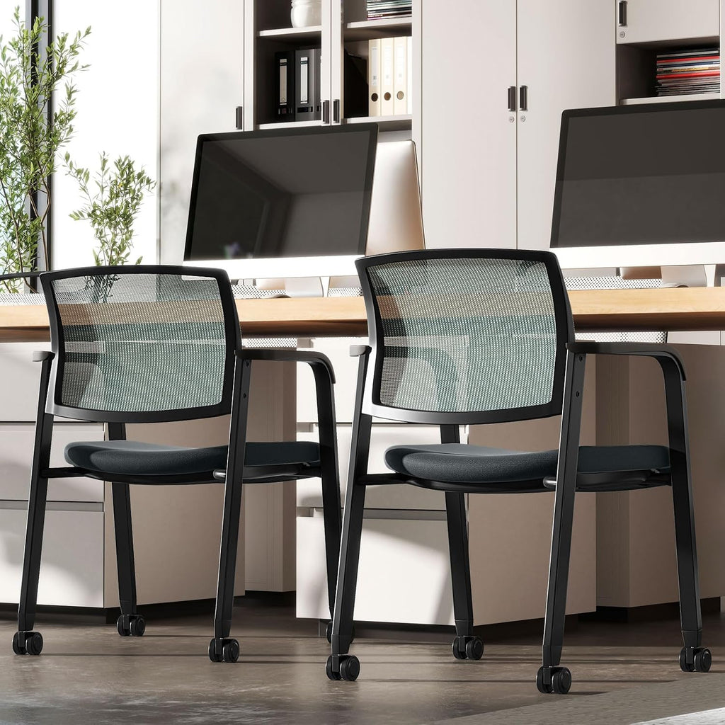 Tangkula Rolling Conference Room Chairs Set of 10, Stackable Office Guest Mesh Chairs with Armrests and Wheels, Ideal for Waiting Room Office, School, Lobby (Grey)
