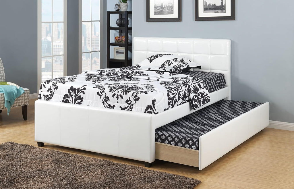 Full Size Bed w, Trundle Slats White Faux Leather Upholstered Plywood Youth Bedroom Furniture Wooden Slats