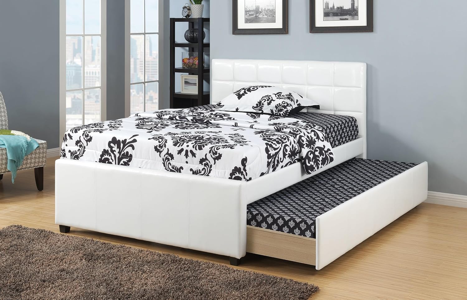 Full Size Bed w, Trundle Slats White Faux Leather Upholstered Plywood Youth Bedroom Furniture Wooden Slats