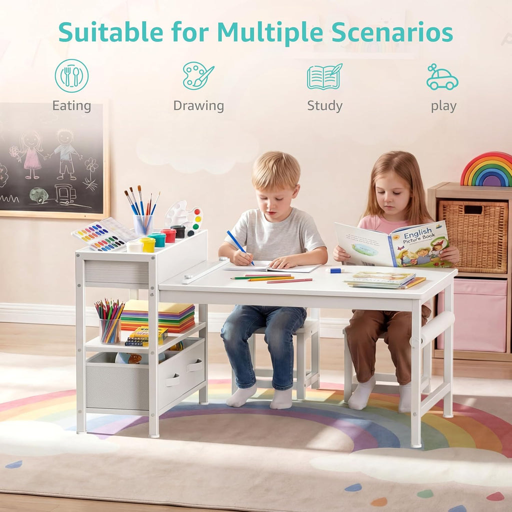 BOLUO Kids Art Table and Chair Set, Toddler Craft Table with Storage Drawers, Play Desk for Kids, Children Activity Learning Center, White