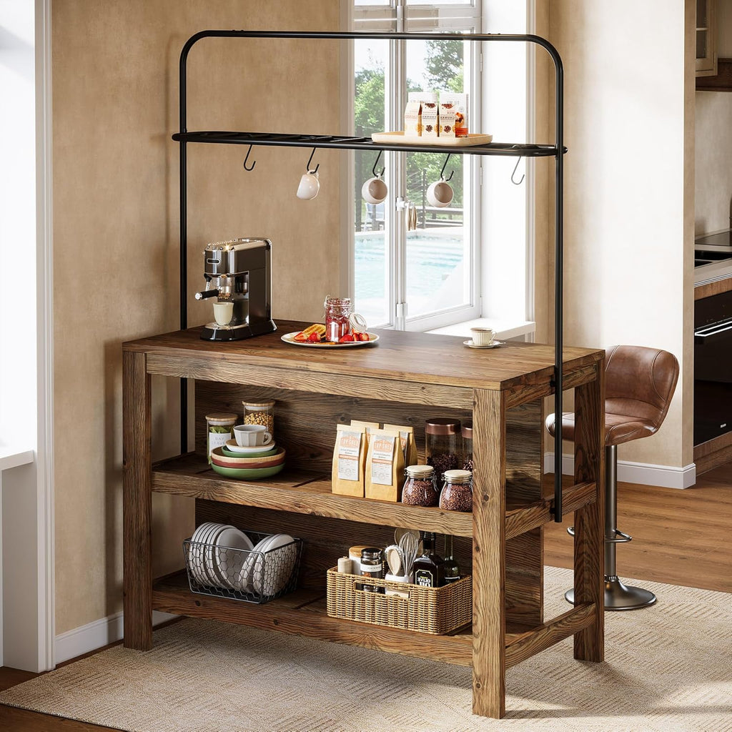 Solid Wood Kitchen Island with Storage, 47-Inch Farmhouse Stationary Island Table with Seating and 5 Hooks, Counter Height Bar Table for Kitchen, Dining Room, Rustic Brown