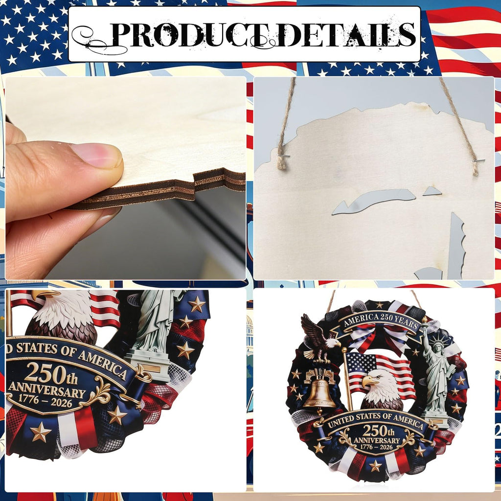 Spiritlele 250th Anniversary USA Door Sign Patriotic Wreath 4th of July Hanging Plaque 250 Years Indoor Decoration for Front Door Home Office Celebration Gift
