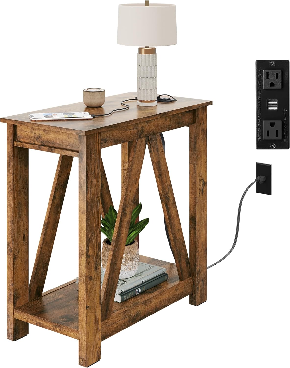 WLIVE Farmhouse End Table, Narrow Side Table with Charging Station, Slim End Table, Side Table for Bedroom, Living Room, Small Spaces, 2 USB and 2 Power Outlets, Rustic Brown