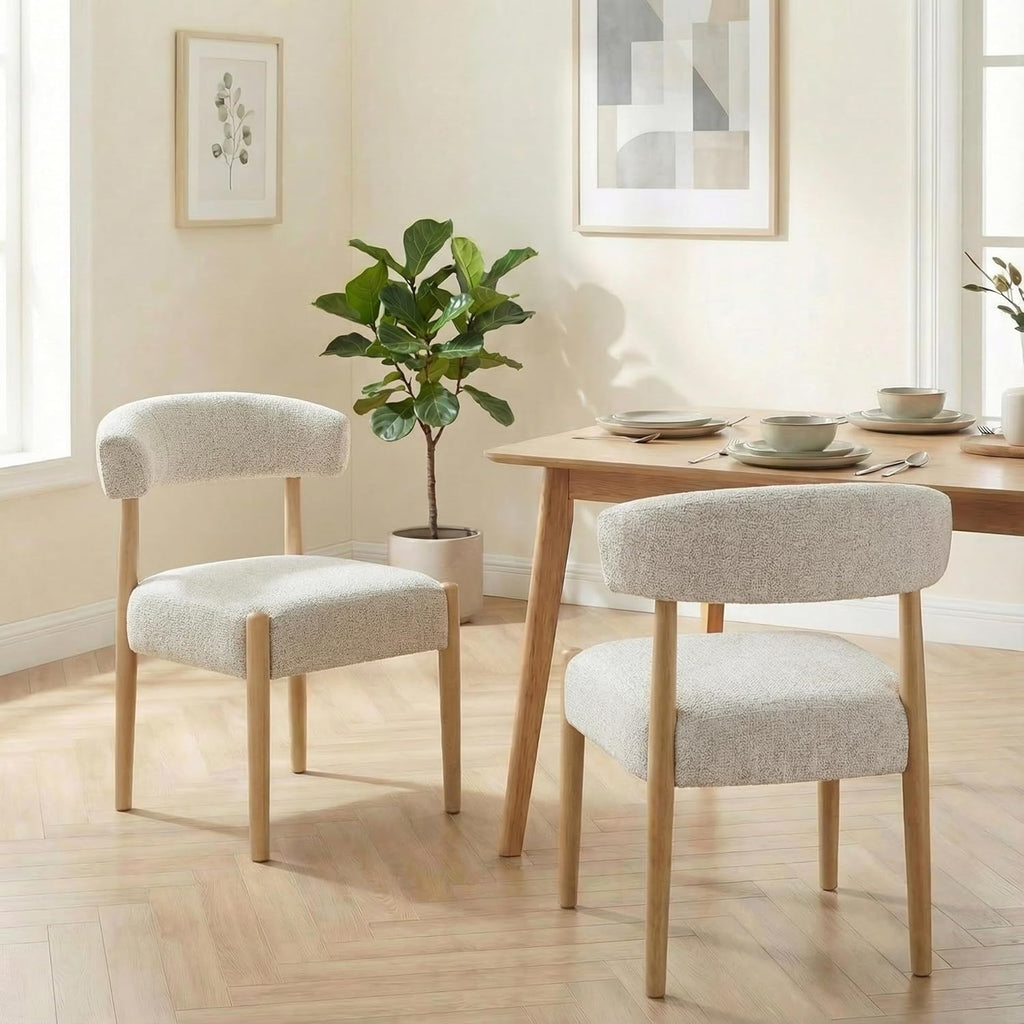 VKNOW Wooden Dining Chairs Set of 4, Modern Upholstered Dining Room Chairs with Rubberwood Legs and Curved Backrest, Fabric Kitchen Chairs for Farmhouse/Living Room/Dining Room, Heathered Off-White