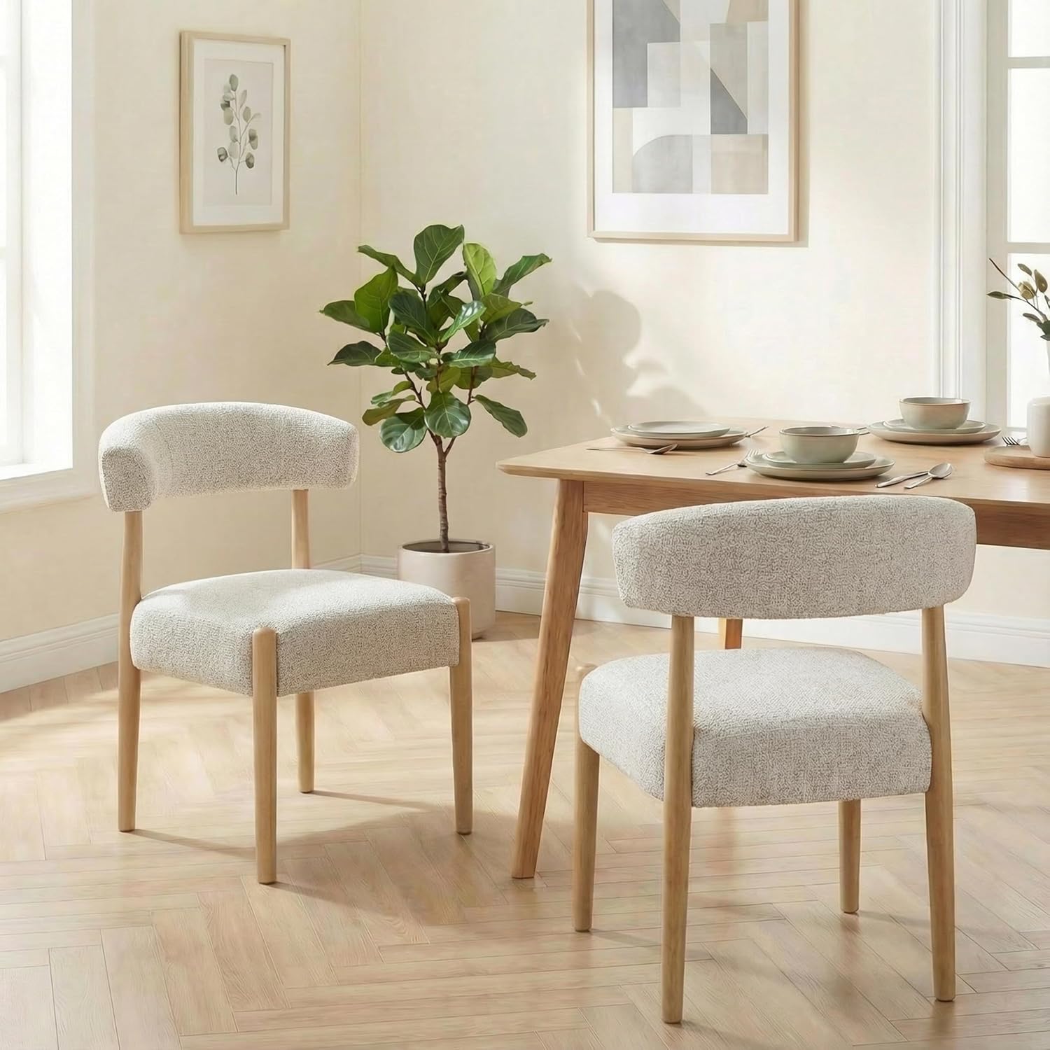 VKNOW Wooden Dining Chairs Set of 4, Modern Upholstered Dining Room Chairs with Rubberwood Legs and Curved Backrest, Fabric Kitchen Chairs for Farmhouse/Living Room/Dining Room, Heathered Off-White