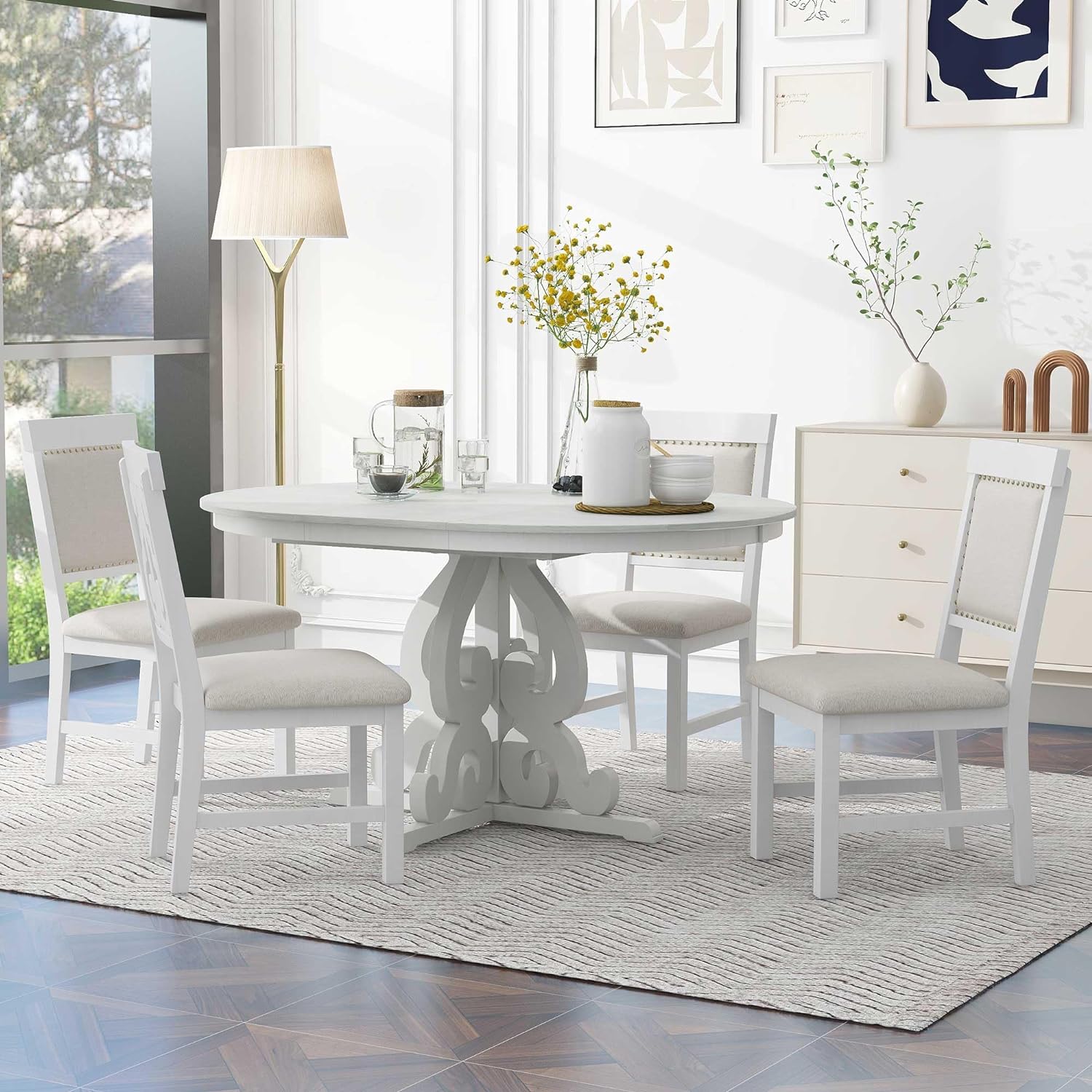 Merax Extendable Round Dining Table Set for 4-6, Farmhouse Kitchen Table Set with 4 Upholstered Chairs and Removable Leaf for Kitchen, Dining Room, Small Space, Antique White