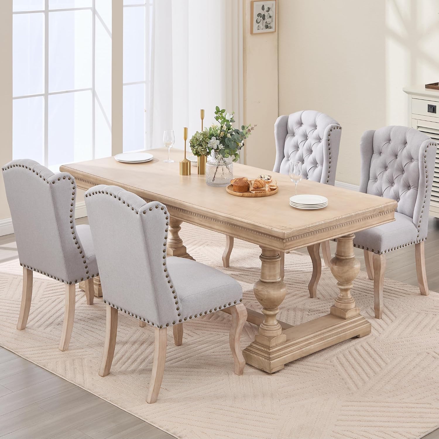 Upholstered Dining Chairs Set of 2 for Kitchen and Dining Room Farmhouse Fabric Tufted Accent Chairs for Living Room and Bedroom with Wooden Legs, Grey