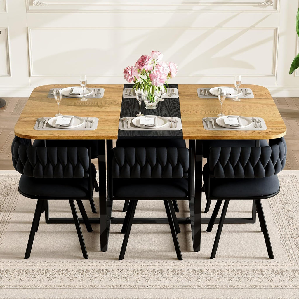dining room table set for 6, 7-Piece Modern Kitchen & Living Room Set, 59" Space-Saving Two-Tone Wood Grain Rectangular Table with 6 PU Leather Chairs, Metal Frame for Apartment & Small Spaces