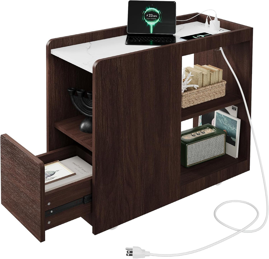Garvee Narrow End Table with Charging Station, Rolling Side Table with Drawer, Adjustable Shelf, 2 AC Outlets, USB and Type-C Ports, Lockable Wheels, Walnut