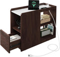Garvee Narrow End Table with Charging Station, Rolling Side Table with Drawer, Adjustable Shelf, 2 AC Outlets, USB and Type-C Ports, Lockable Wheels, Walnut