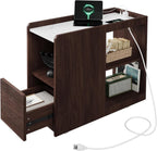Garvee Narrow End Table with Charging Station, Rolling Side Table with Drawer, Adjustable Shelf, 2 AC Outlets, USB and Type-C Ports, Lockable Wheels, Walnut