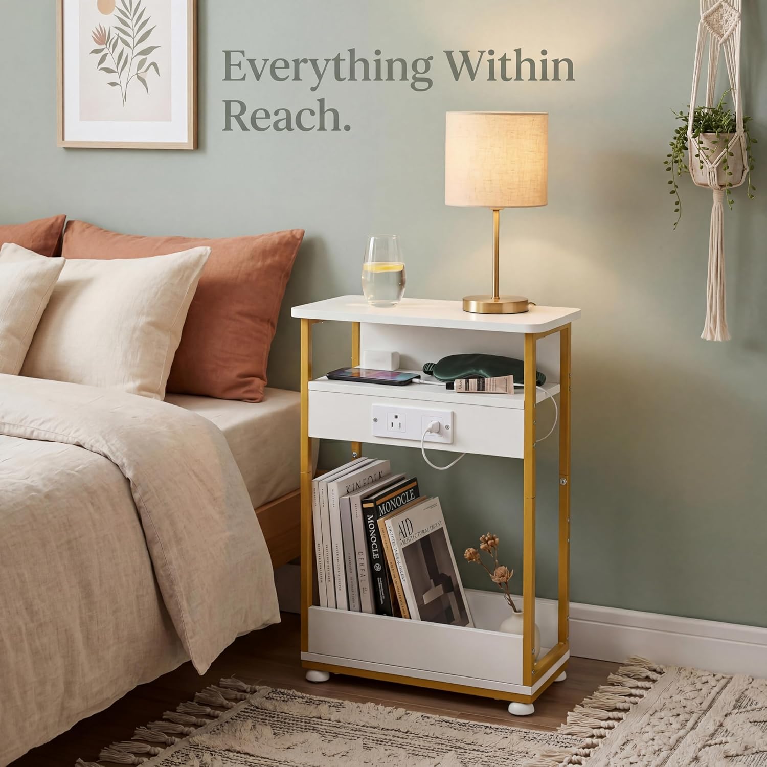 YEAKOO Narrow Side Table with Charging Station, 3-Tier End Table with 2 USB Ports & Power Outlets, Thin Sofa Side Table for Small Spaces, Bedside Table Nightstand for Living Room, White+Gold
