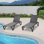 Outdoor Lounge Chairs Set of 2, Aluminum Pool Lounge Chairs with 5 Adjustable Backrest and Side Table, Full Flat Patio Lounge Chair for Sunbathing & Tanning, Poolside, Patio, Beach -Dark Grey
