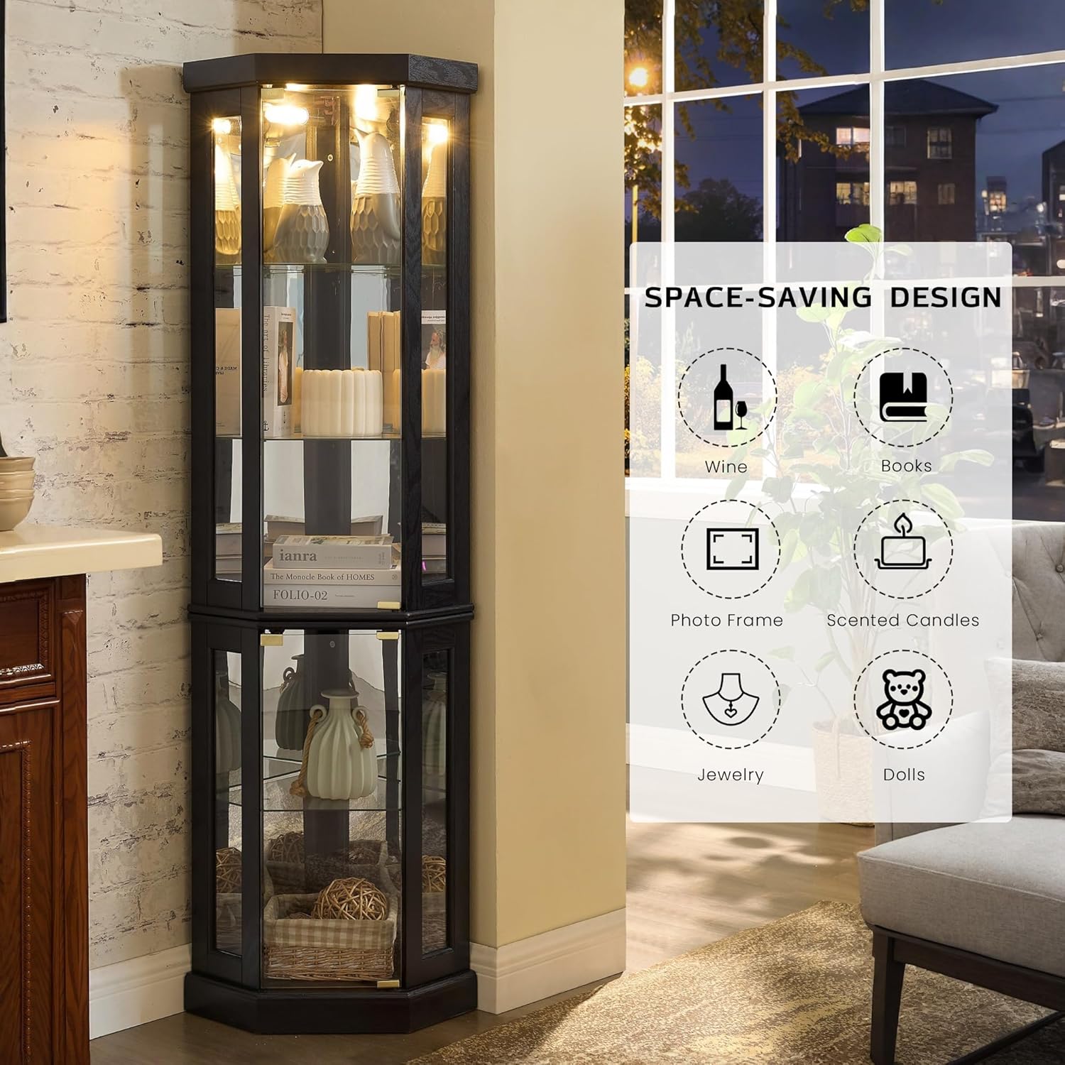 Corner Curio Cabinet, 70" H Lighted Glass Display Cage with Tempered Glass Doors and Adjustable Shelves, Bulb Inclued, Wine Bar China Cabinet for Living Room Liquor Storage (Black)
