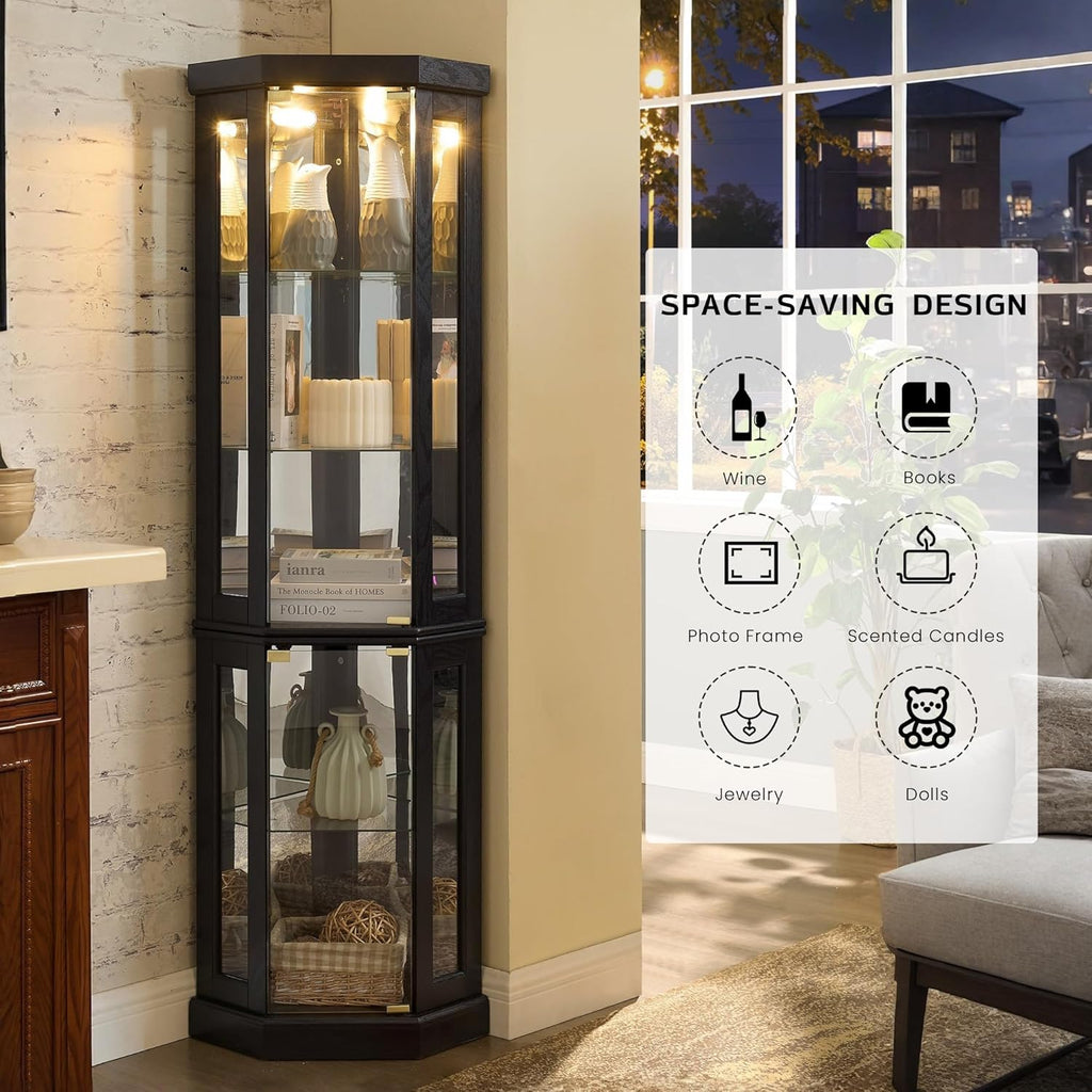 70" Lighted Corner Curio Cabinet, Curved Wood China Display Case with Tempered Glass Doors & Adjustable Shelves, Light Bulb Included, Tall Wine Storage Rack for Bar and Liquor Storage (Black)