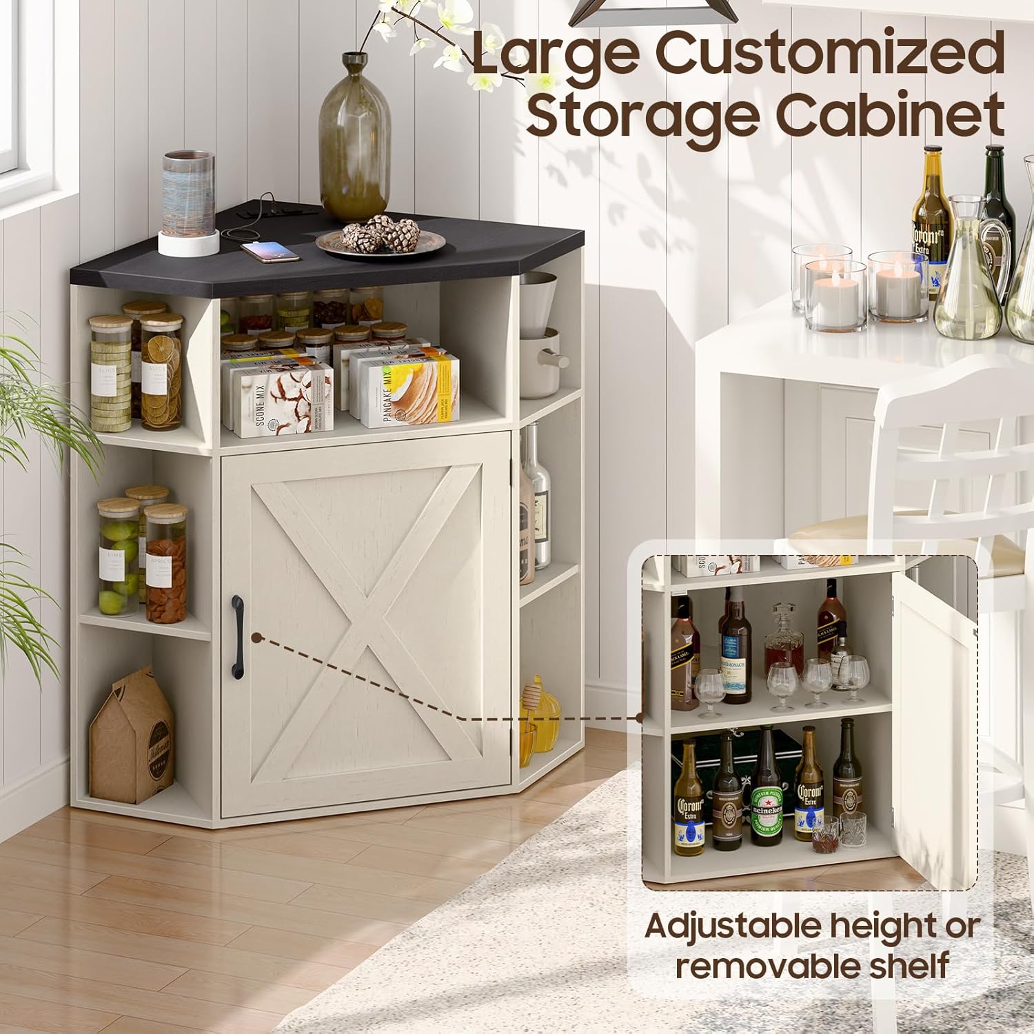 Vabches Corner Cabinet, Corner Storage Shelf with USB Ports and Outlets Industrial Organizer for Small Space Wooden 6-Cubby Bookshelf for Study, Playroom, Living Room (Rustic White and Black)