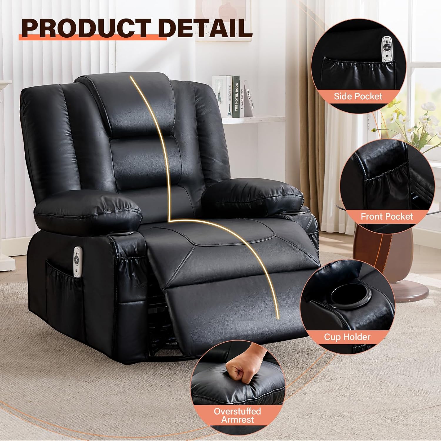 MAHOMICO Swivel Rocker Recliner Chair with Vibration Massage and Heat for Living Room,with Rocking Function and Side Pocket, PU Leather USB Charge Port,2 Cup Holders