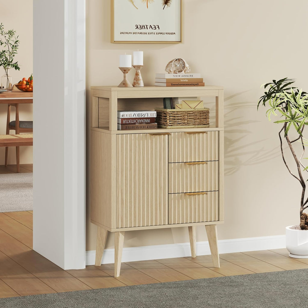 Natural Wood Bathroom Floor Cabinet with 3 Fluted Drawers & Door, Modern Storage Sideboard with Open Shelf, Coffee Bar Station for Living Room, Entryway, 23.6 x 11.8 x 34.6 Inches