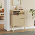 Natural Wood Bathroom Floor Cabinet with 3 Fluted Drawers & Door, Modern Storage Sideboard with Open Shelf, Coffee Bar Station for Living Room, Entryway, 23.6 x 11.8 x 34.6 Inches