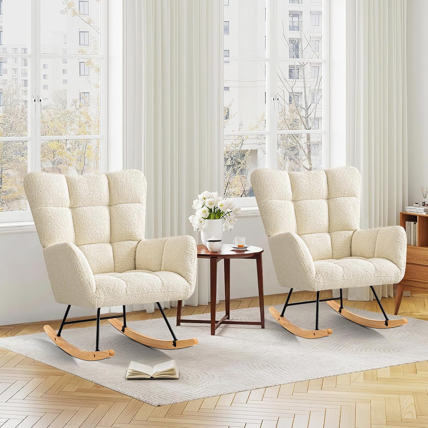 Furniliving Nursery Rocking Chair Upholstered Glider Rocking Chair Modern Accent Chair Padded Seat Reading Chair with High Backrest Comfy Chair for Living Room, Bedroom, Nursery, White, Teddy