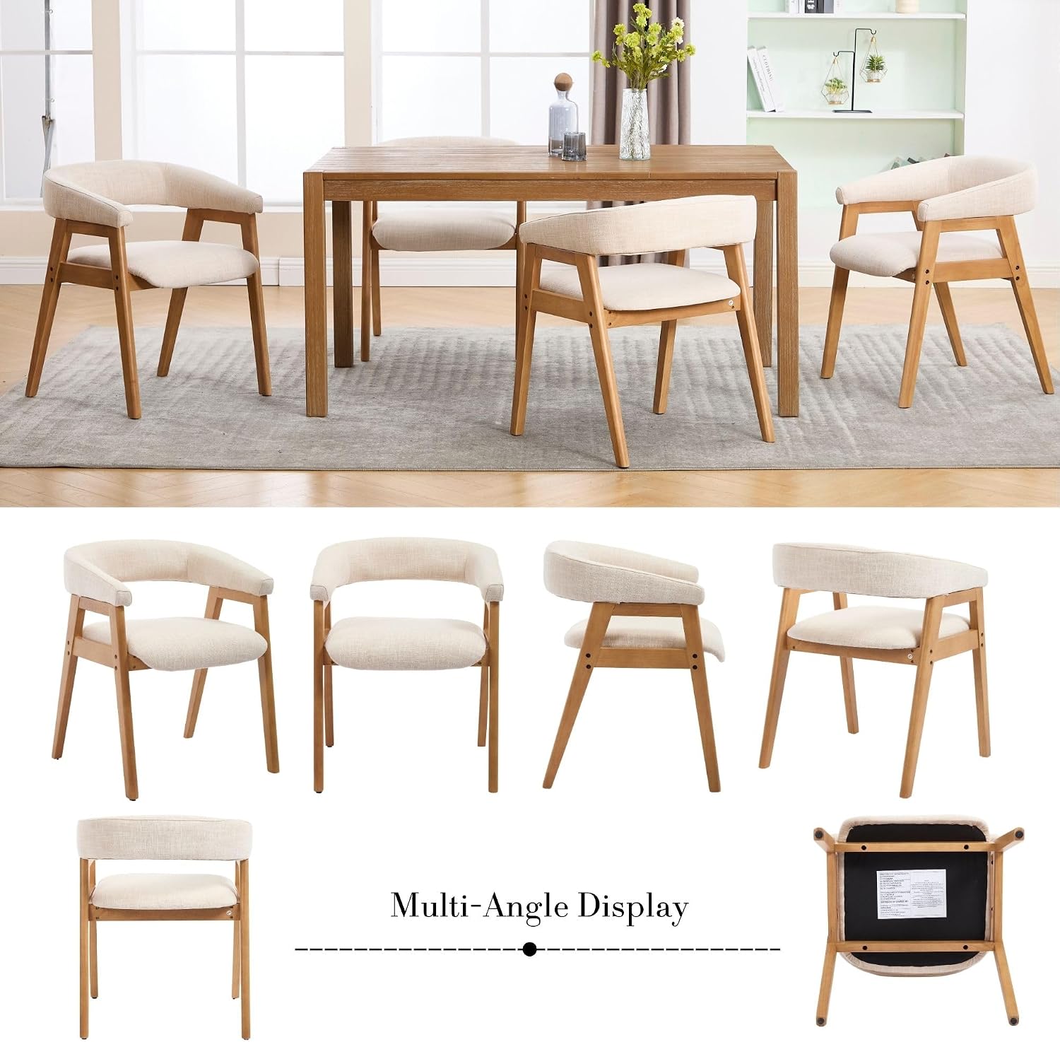 BESTANO Dining Chairs Set of 6, Modern Farmhouse Beige Linen Upholstered Kitchen Chairs with Arms, Solid Wood Legs, Elegant Padded Side Chairs for Home Dining Room