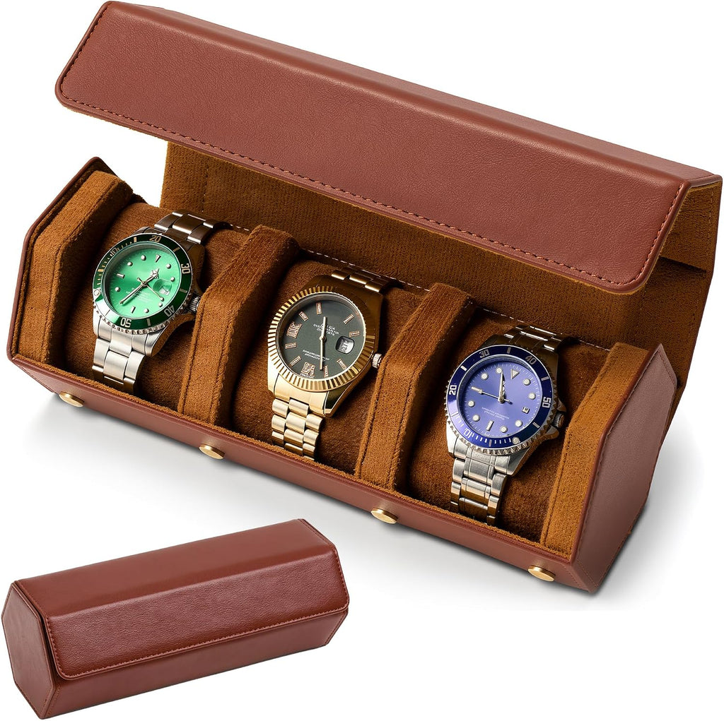 Leather Watch Roll for 2 Watches - Velvet-Lined Travel Case, Luxury Watch Rolls Organizer with Storage & Display for Men (3 Slot-Brown)