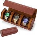 Leather Watch Roll for 2 Watches - Velvet-Lined Travel Case, Luxury Watch Rolls Organizer with Storage & Display for Men (3 Slot-Brown)