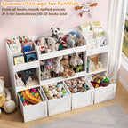 63"W Toy Storage Organizer, 132L Stuffed Animal Holder with 4 Rolling Drawers, 3-Tier Kids Bookshelf and 2 Storage Cubes, 4-in-1 Plush Toy Shelf for Playroom, Toddler Bookcase for Nursery, White