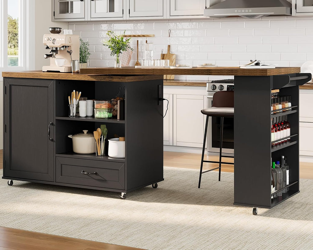 RALGEND Rolling Kitchen Island with 360° Swivel Tabletop, Large Kitchen Island Table with Power Outlet, Mobile Kitchen Island Cart with Storage Cabinets for Kitchen & Office, Black and Rustic Brown