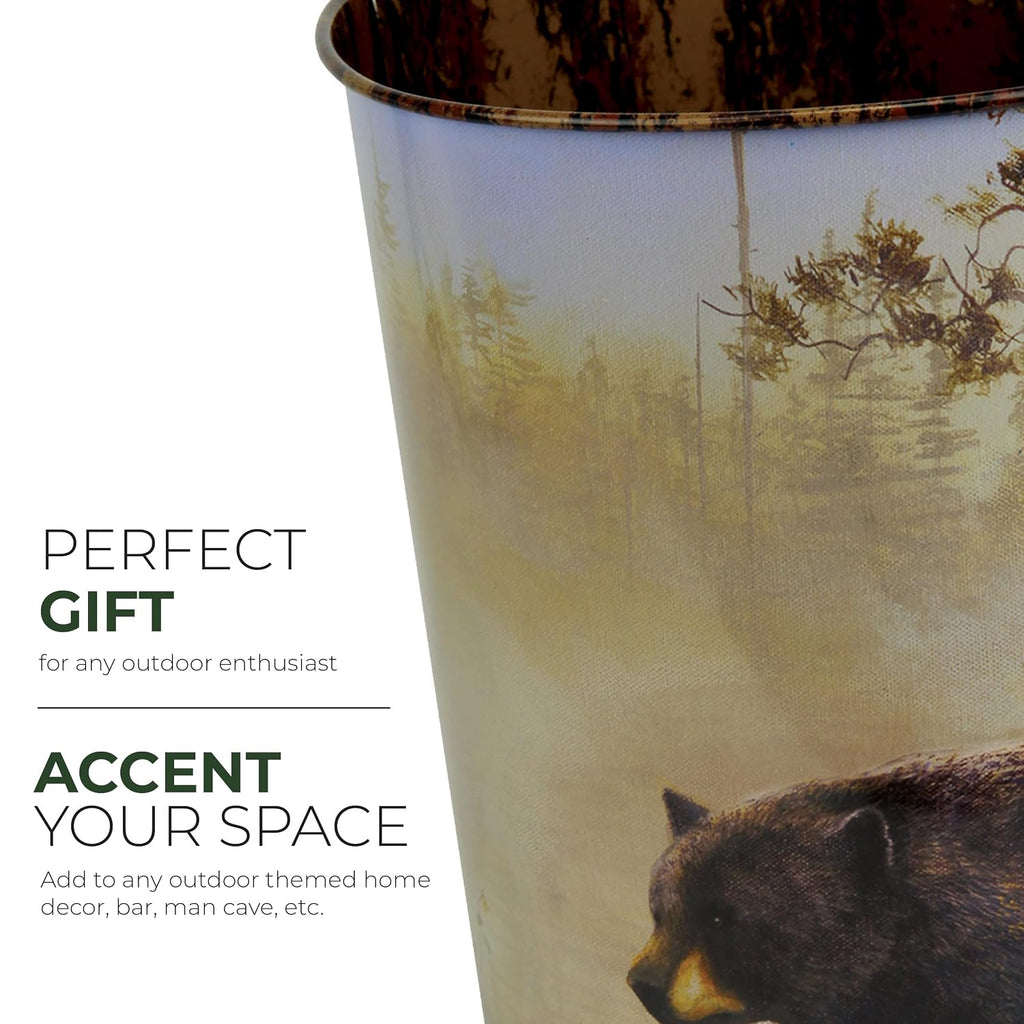 Rivers Edge Products Waste Basket, Tin Trash Bin for Office, Kitchen, Bathroom, Drink Bucket, 10.5 Inch Open Top, Lightweight Rectangular Design with Outside Art, Bear by Jim Hansel