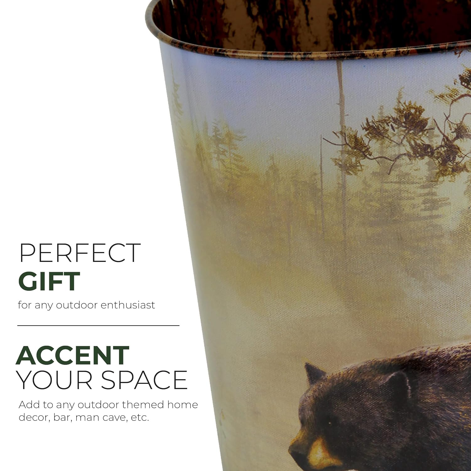 Rivers Edge Products Waste Basket, Tin Trash Bin for Office, Kitchen, Bathroom, Drink Bucket, 10.5 Inch Open Top, Lightweight Rectangular Design with Outside Art, Bear by Jim Hansel