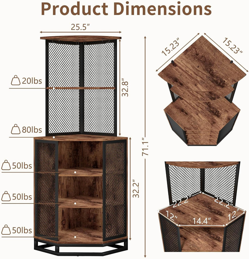 IBF Corner Bar Cabinet 71" Tall Wine Display with Glass Holder, Sturdy 5-Tier Industrial Farmhouse Liquor Storage with Adjustble Shelf，Anti-Tipping Design for Home Kitchen Small Space, Rustic Brown