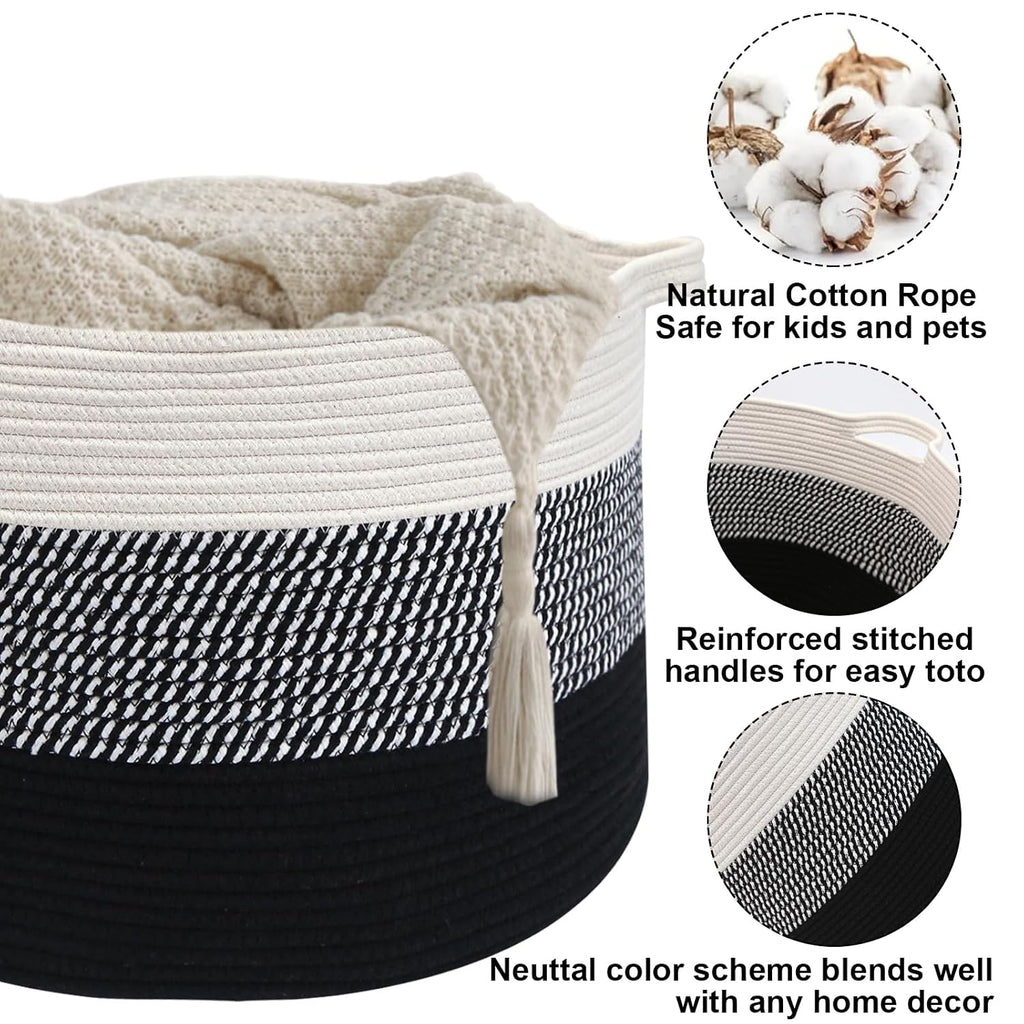 65L Large Blanket Basket,Woven Rope Laundry Basket Hamper with Handles,Decorative Nursery Basket Storage Bin for Toys, Pillows, Clothes Organizer, Living Room, Bedroom, Bathroom, Black