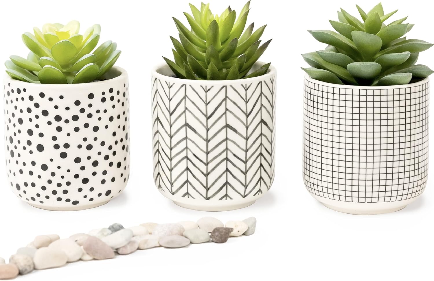 Kurrajong Farmhouse Artificial Succulents in pots | Set of 3 Black and White pots with Faux Succulents | Faux Plants Indoor | Fake Plants for Desk Decor | 4.75" high