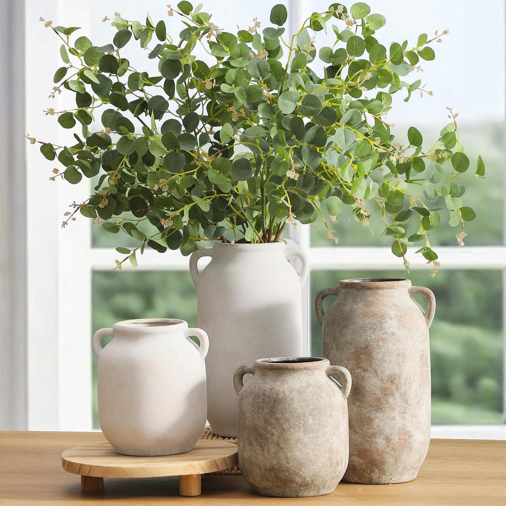 Ceramic Flower Vase Home Decor - 7.6 Inch Farmhouse Rustic Table Vases with Handle Living Room Decoration Decorative Vintage Pottery for Kitchen Shelf Coffee Dining Bookshelf Fireplace Centerpiece