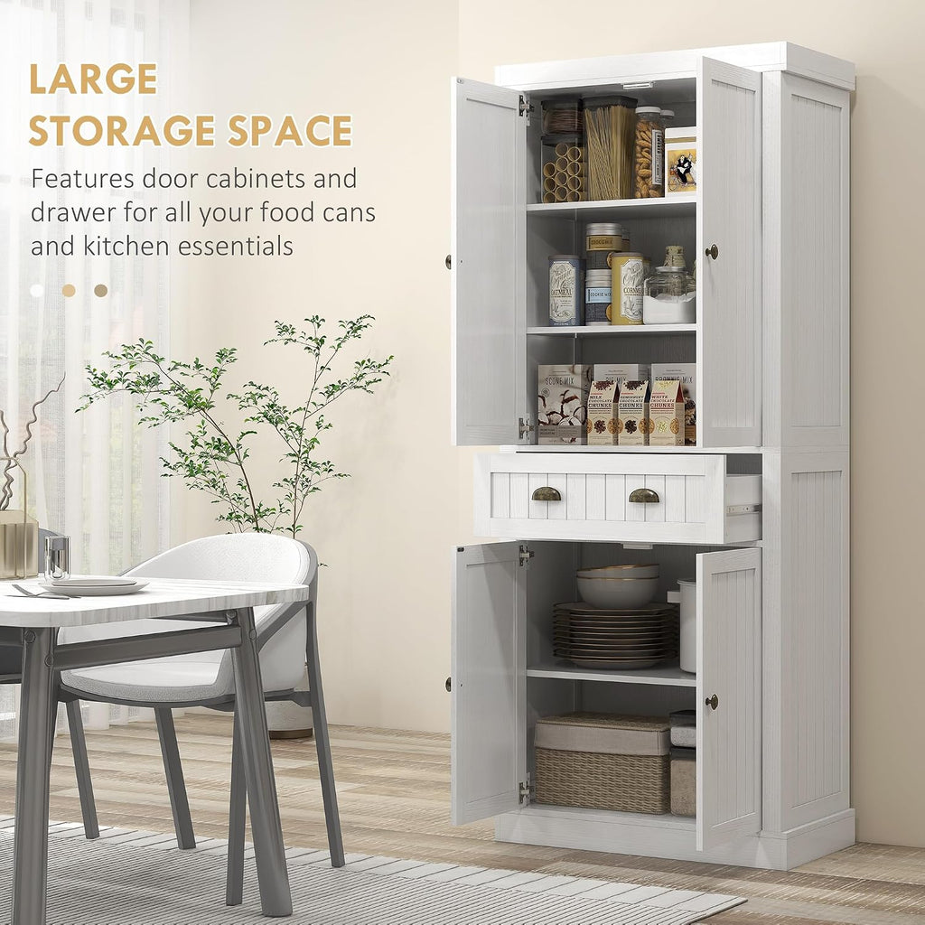 72" Farmhouse Kitchen Pantry Cabinet, Freestanding Tall Storage Cabinet with 4 Soft-Close Doors, 2 Adjustable Shelves and Drawer for Dining Room, Distressed White,15.8 * 30 * 72