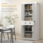 72" Farmhouse Kitchen Pantry Cabinet, Freestanding Tall Storage Cabinet with 4 Soft-Close Doors, 2 Adjustable Shelves and Drawer for Dining Room, Distressed White,15.8 * 30 * 72