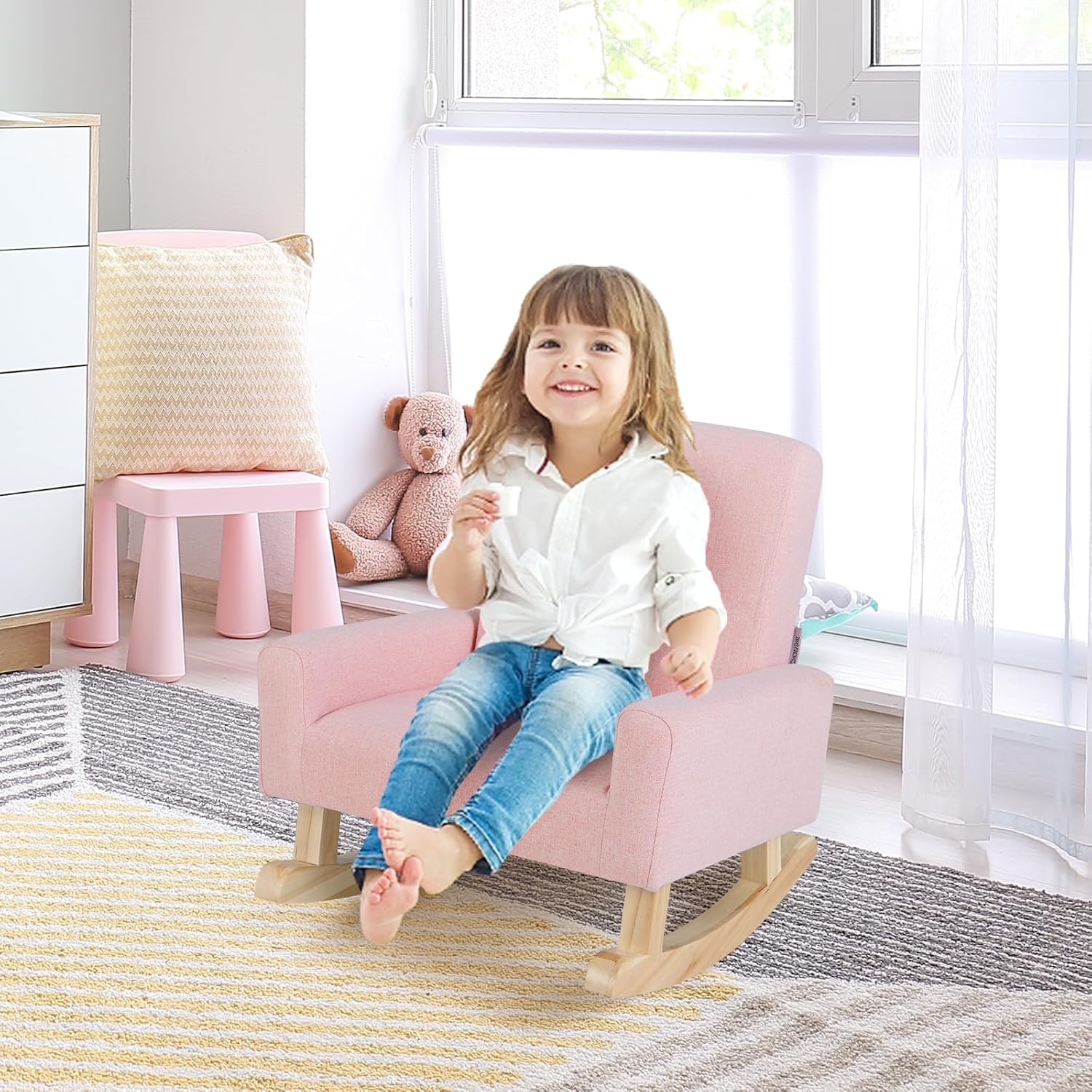 MAT EXPERT Kids Sofa, Upholstered Toddler Rocking Chair w/Solid Wood Base, Linen Fabric & Anti-Tip Device, Comfy Children Furniture, Armchair for Nursery Playroom Preschool, Boys & Girls Gift (Pink)
