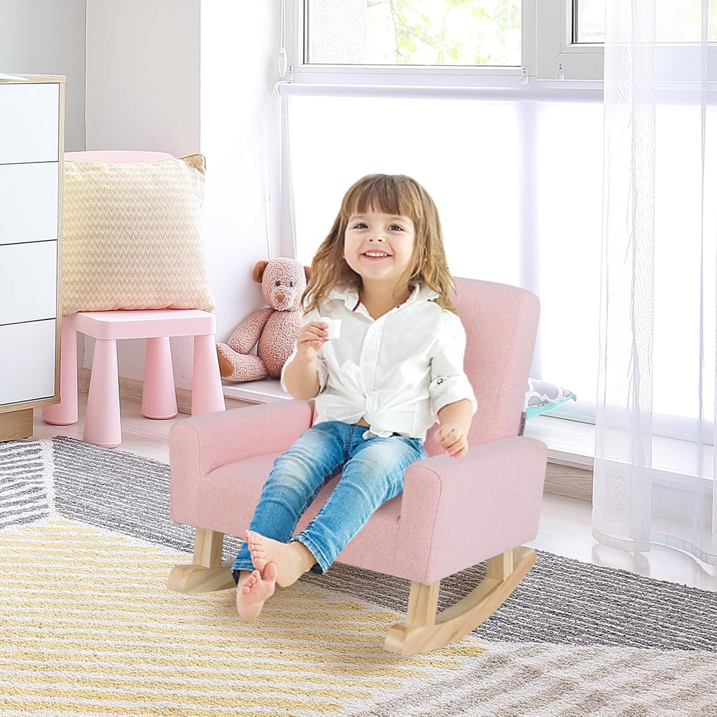 Toddler Rocking Chair, Kids Rocker Furniture with Comfy Thick Cushion & Solid Wood Base, Nursery Armchair Sofa for Bedroom, Baby Room, Suitable for 3-5 Years Old (Pink)