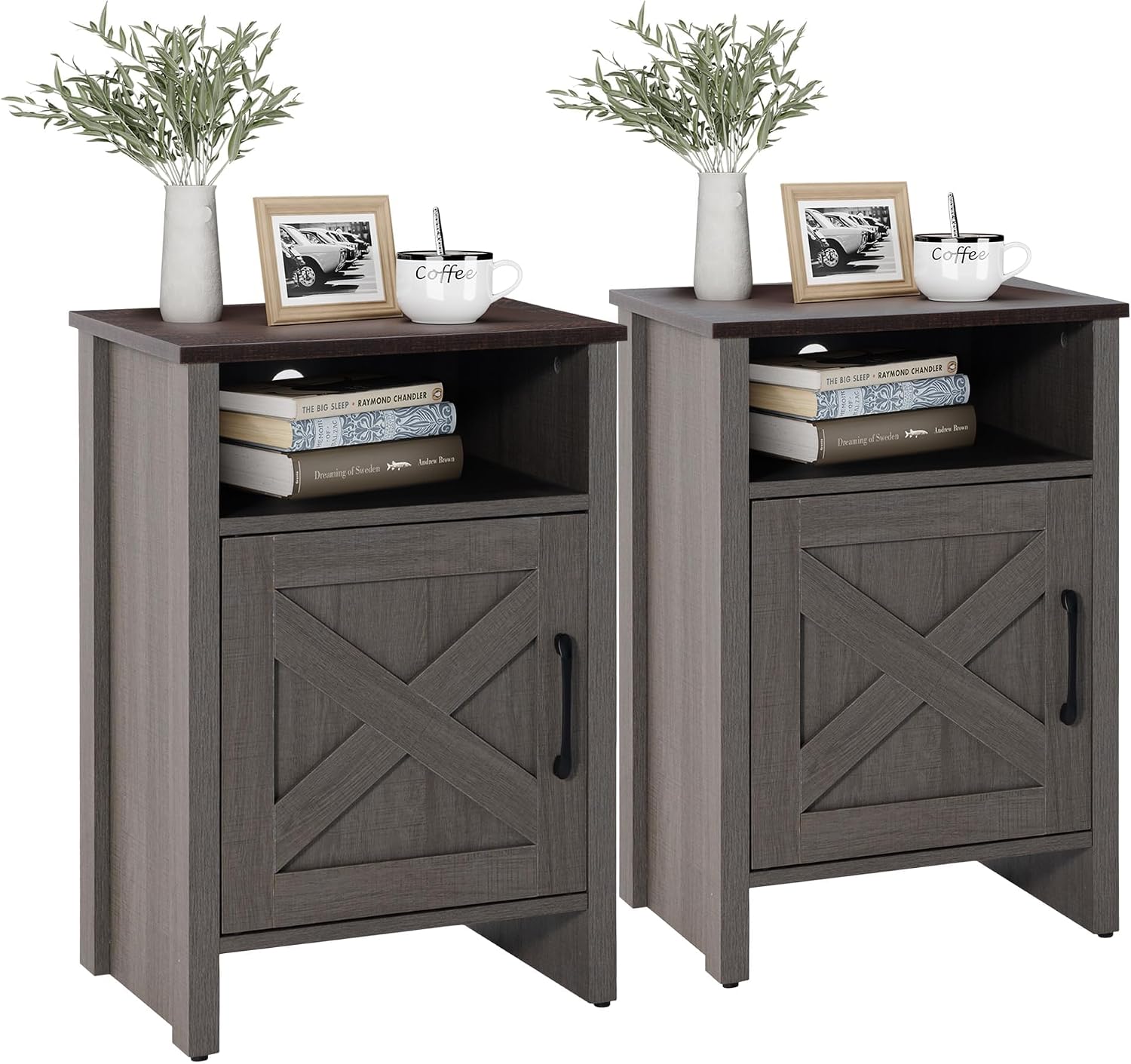 leovanni Farmhouse Nightstand Set of 2, Barn Door with Storage Shelf Rustic Wood Bedside Table, End Side Tables for Living Room, Bedroom, Office, Grey