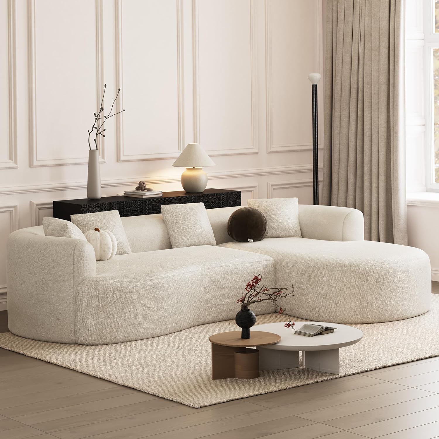 ONEMMLION Boneless Couch for Living Room, 111" Oversized Sectional Comfy Sofa with Right-Facing Chaise, Luxury Modern Curved L Shape Couch with Extra Deep Seat, No Asembly Required, Beige White